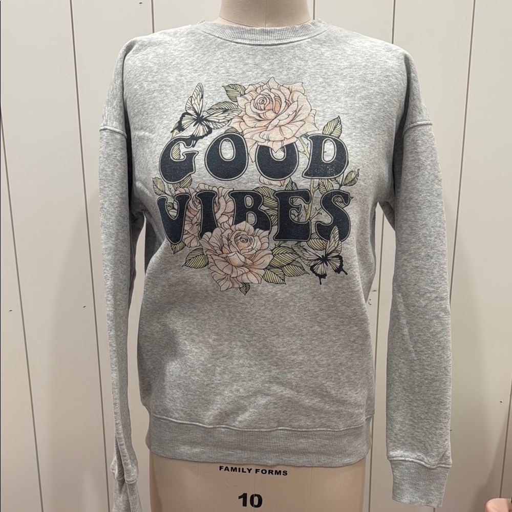 Gray Sweatshirt with Floral Graphic Design and Good Vibes Text
